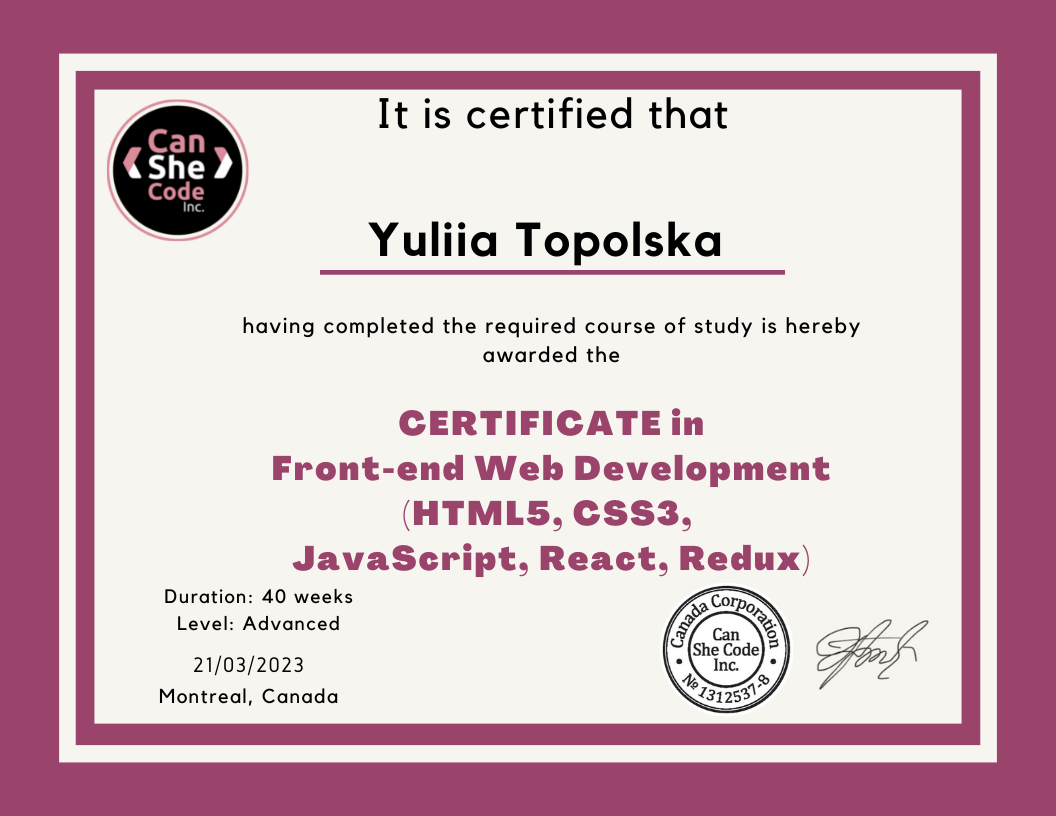 Front-end developer certificate